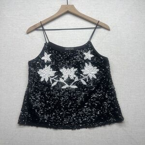 Topshop Women's Tank Top / Black Sequin & White Floral Beaded / Size 2